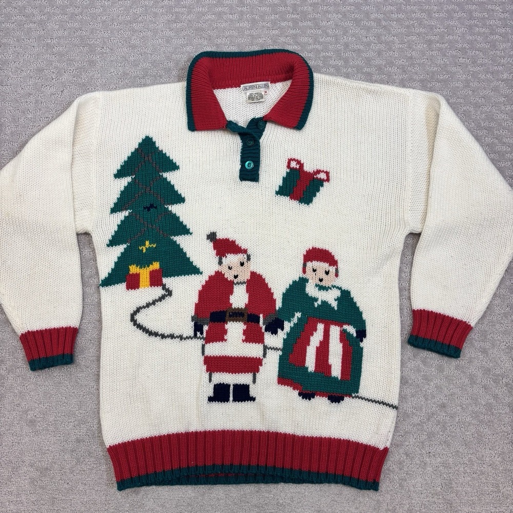 Vintage Women's Acrylic Christmas Sweater Collared Sz M Knit Santa Lauren Allen